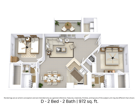 This is a 3D-floor plan providing a detailed, angled view of the space with room layouts, furniture placement, and spatial flow. Features 2 bedrooms, 2 bathrooms, and approximately 972 Sq. Ft.